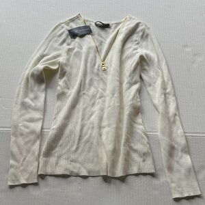 INC International Concepts Cream Ribbed V-Neck Zip Sweater